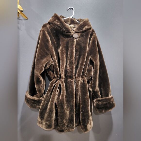 Dennis Basso Chocolate Brown Faux Fur Hooded Cinch Waist Coat - Picture 1 of 12